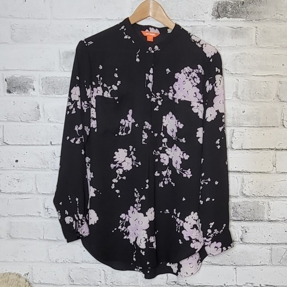Joe Fresh Sheer Black Floral Half Button Women's Blouse - Picture 2 of 5